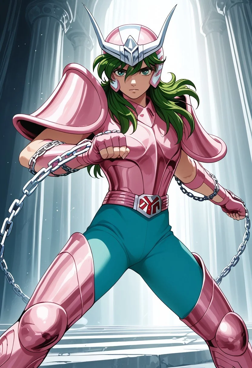 score_9, score_8_up, score_7_up, masterpiece, ANDROMESHUN,andrshunv1, 1boy, slender figure, pink pauldrons, pink two pronged helmet, long wavy green hair, green eyes, pink armor, pink vambraces, fingerless pink gloves, pink thighhigh greaves, green pants, pink belt, pink boots, chains, (((action pose))), (highly detailed:1.2), (intricate:1.2), (best quality:1.2),(8k:1.2), (sharp:1.2), (majestic:1.2), natural lighting, detail++, greek temple backdrop, looking at viewer,