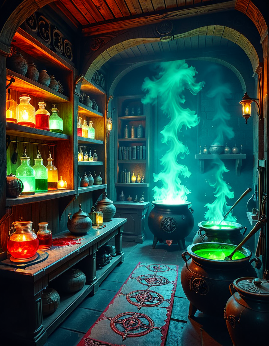 Hidden deep within the necromancerâs infernal domain lies a nightmarish kitchen, a grotesque fusion of alchemical laboratory and sacrificial chamber. The walls are carved from blackened bone and obsidian, pulsating faintly with necrotic energy. Faint green flames flicker in sconces made from twisted skeletal hands, casting eerie shadows across the macabre workspace. The air is thick with the scent of decay, ash, and something far worseâan indescribable aroma of corruption and dark magic.
At the center, a massive butcherâs table, scarred and stained with centuries of dried blood, serves as the primary workstation. Rusted, jagged knives, bone saws, and crude flesh-carving tools hang from hooks, their edges glistening with fresh remnants of something recently prepared. Nearby, grotesque cauldrons bubble with viscous, unnatural liquidsâblack ichor, boiling crimson blood, and glowing green elixirs swirl together, each concoction releasing haunting whispers as if infused with trapped souls.
Suspended from the ceiling, enormous iron hooks hold skinned carcassesâsome humanoid, others unrecognizable abominations stitched together from various creatures. Skeletal constructs, animated by unseen forces, mindlessly tend to the kitchen, stirring bubbling cauldrons and grinding unknown ingredients into fine powders using ancient, rune-etched mortars and pestles.
Along the walls, towering shelves hold disturbing "ingredients" sealed in glass jars: floating, disembodied eyes that track movement, severed hands that twitch sporadically, and writhing black worms that exude a thick, putrid slime. Bundles of dried, withered herbsâsome glowing faintly with infernal energyâhang from the rafters, alongside strips of preserved flesh, their origins best left unspoken.
In one corner, a massive, rune-inscribed oven burns with an unnatural, ghostly blue flame. The heat does not come from firewood but from the tormented souls bound within, their agonized wails fueling its endless infernal blaze. A massive iron cauldron sits atop a cracked stone hearth, where a thick, bubbling stew churnsâits surface occasionally breaking as something beneath struggles, clawing weakly before sinking back into the depths.
This is not a place for feastingâit is a workshop of the grotesque, where ingredients are harvested, flesh is repurposed, and the very essence of undeath is distilled into unholy nourishment. No living creature eats hereâonly the dead, the damned, and the things that should not be.
Style & Mood :
- Dark fantasy, gothic horror, necromantic aesthetics
- Cinematic, high-detail, eerie lighting
- Infernal atmosphere, filled with shadows, glowing green and crimson energy, and grotesque details
- Inspired by the works of ZdzisÅaw BeksiÅski, H.R. Giger, and dark medieval sorcery
<lora:SDXLFaeTastic2400:0.4> <lora:extremely_detailed:0.4> extremely detailed, <lora:mysterious_4lch3my_sh0p:1> mysterious 4lch3my sh0p <lora:nightmarish_k1tch3n:1>,nightmarish k1tch3n, Masterpiece,best quality,hi res,8k,hi res,8k,award winning,(sharp focus, intricate, highly detailed),