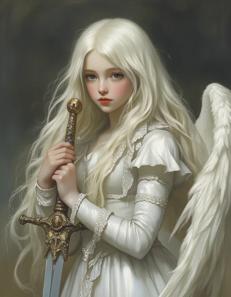 ultra high quality, very detailed, realistic scenery, ultra high quality, very detailed, Oil Painting of a fragile skinny teen female angel wearing 1500s white plate mail armor and holding a longsword with a glowing glass blade, She has flowing white hair, blue eyes, white eyebrows, white eyelashes, and has large feathery angel wings on her back. She has a serene expression on her face and seems to be utterly at peace. Close up, petite body, thin waisted, white skin, red lips, ultra detailed, romantic, Rembrandt lighting, brush strokes, warm light, magic, extremely coherent, cute, beautiful, cinematic, stunning, intricate, wonderful, lovely, del1cate_balance style, in the style of Rembrandt. FS, novuschroma, vantablack <lora:style_of_Rembrandt_FLUX_135:.8> <lora:- Flux1 - vanta_black_V2.0:.6> <lora:Delicate_Balance:.3> <lora:neeeg_f1:-1> <lora:113_novuschromaFLX_1:.3> <lora:Midjourney_Whisper_Minimal:.3> <lora:DnDDarkestFantasy:.8> <lora:FS_v2:.4>