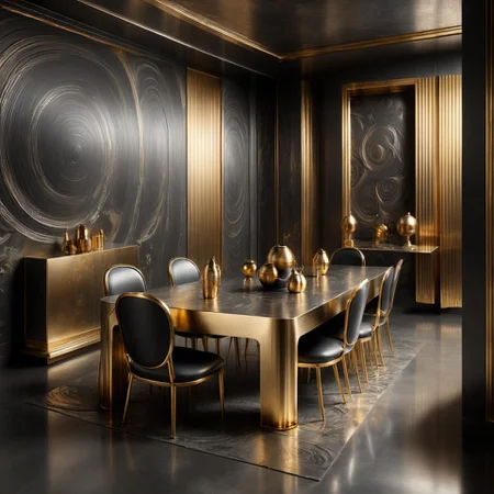 cs-m3tal-400 modern furniture in a futuristic dining room, very detailed, intricate, volcanic color palette