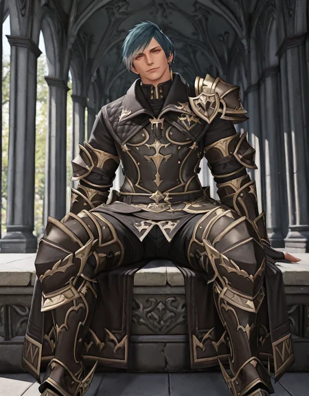 masterpiece, best quality, newest, perfect quality, intricate details, detailed background, male focus, realistic, solo, <lora:FFXIV - Granson Ketchthane - Illustrious-000004:0.8> granson_ffxiv, 1boy, hyur, red eyes, nose scar, teal hair, multicolored hair, single earring, single pauldron, coat, gauntlets, fingerless gloves, pants, armored boots, looking at viewer, sitting, on stone bench, kingdom, trees, contrapposto, head tilt