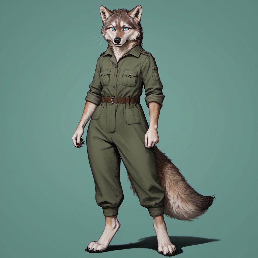 score_9, score_8_up, score_7_up, source_furry, detailed face, detailed eyes, incredible detail BREAK 1girl, solo, anthro, wide shot (furry female, wolf, light brown fur, monotone fur, light blue eyes,slightly wide hips, small breasts), black nose, whiskers, ear flop, solo, looking at viewer, simple background, green background, full body, hunter outfit, archer outfit, shy pose
