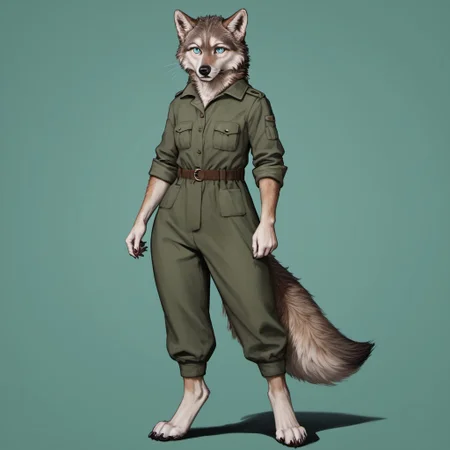 score_9, score_8_up, score_7_up, source_furry, detailed face, detailed eyes, incredible detail BREAK 1girl, solo, anthro, wide shot (furry female, wolf, light brown fur, monotone fur, light blue eyes,slightly wide hips, small breasts), black nose, whiskers, ear flop, solo, looking at viewer, simple background, green background, full body, hunter outfit, archer outfit, shy pose