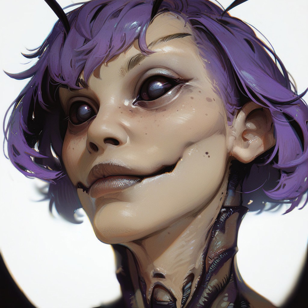 score_9, score_8_up, score_7_up, score_6_up, source_cartoon, black outlines, portrait face, (close up:1.5), white background, simple background, moth, monster girl, insectoid face, arthropod girl, extra eyes, black sclera, violet hair, pale white face, two antennae, Dvorah