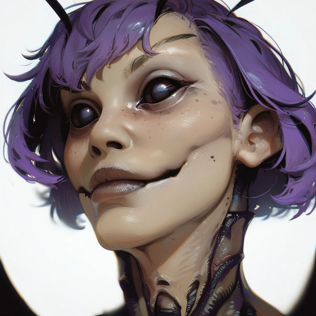 score_9, score_8_up, score_7_up, score_6_up, source_cartoon, black outlines, portrait face, (close up:1.5), white background, simple background, moth, monster girl, insectoid face, arthropod girl, extra eyes, black sclera, violet hair, pale white face, two antennae, Dvorah