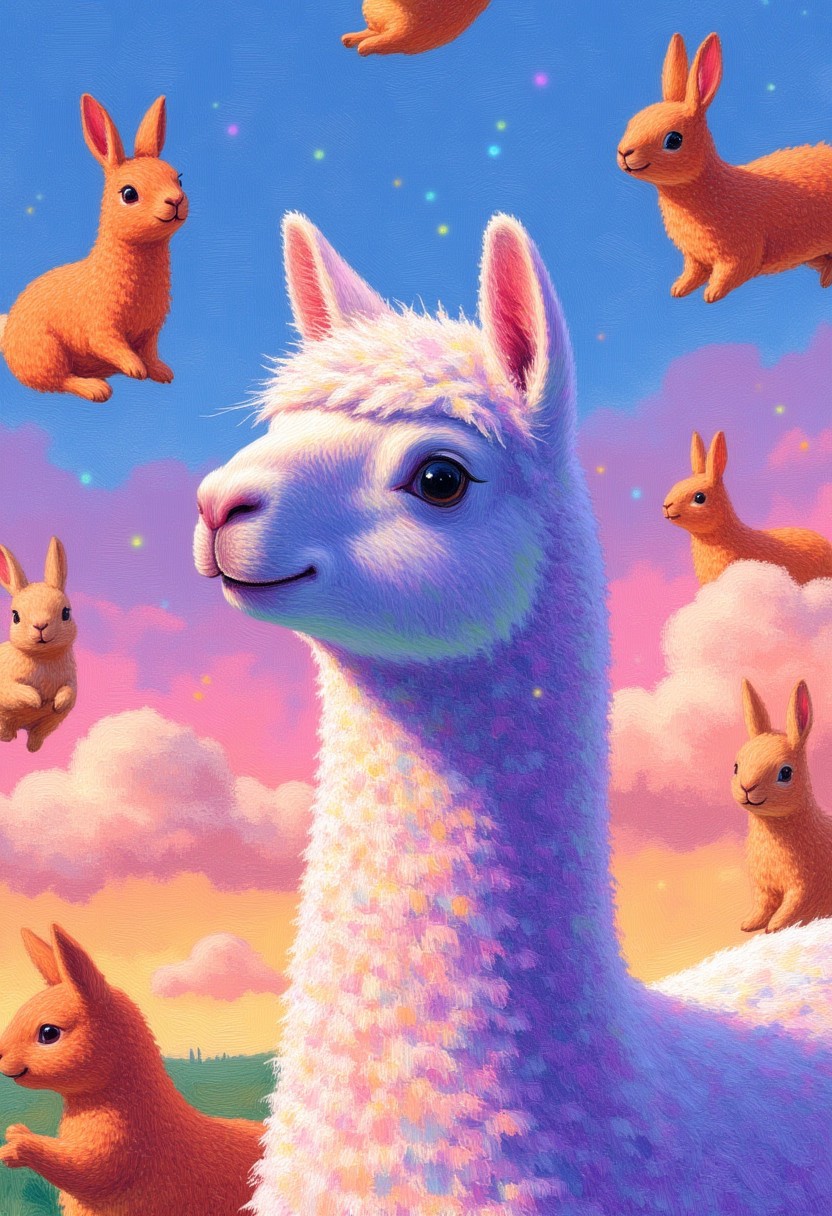 weird and cute illustration of a cute very fluffy baby alpaca with little fat floating bunnies around it, surreal and kind of crazy, funny theme