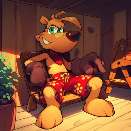 score_7_up, score_8_up, score_9_up, 1boy, solo, Ty, brown gloves, red shorts, sitting, cabin, wood chair, looking at viewer, relaxing, red neckerchief, smile, green eyes, indoors,