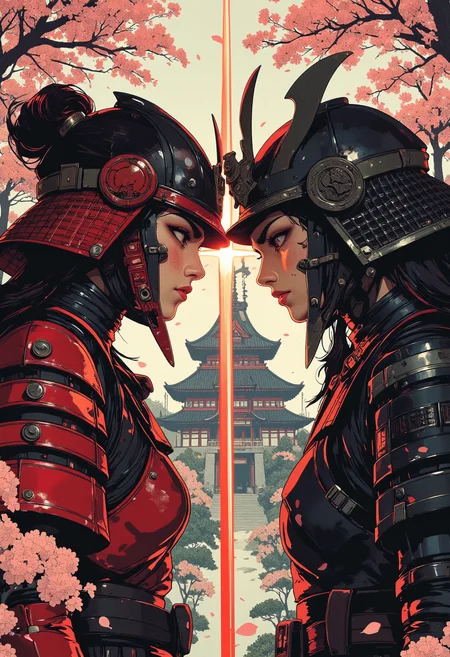 Image is an over the shoulder, extreme close up shot digital fantasy artwork featuring two female samurai characters fighting. Both are clad in heavy samurai armor. One armor is red and the other armor is black. There katanas clashing up near their faces. The background is of the inside of a beautiful japanese castle, cherry blossom trees, japanese garden,