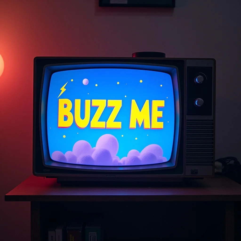 a tv screen playing a cartoon, emblazoned on the screen in bold letters saying "BUZZ ME" with a lightning motif