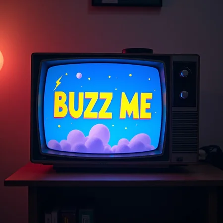 a tv screen playing a cartoon, emblazoned on the screen in bold letters saying "BUZZ ME" with a lightning motif