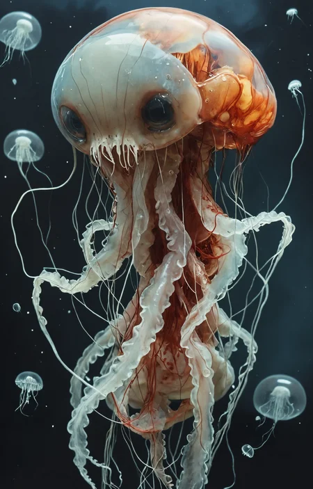 detailed hyperrealism ,torso,creature,jellyfish,Roger Ballen, Louise Bourgeois,megalophobia,expressive, distortion, perfectly focused,in space,hyper detailed,intricate,poster,artstation,polaroid<lora:add-detail-xl:1> <lora:MJ52:0.3> <lora:- SDXL - creepy_n_freaks_V1.0:1>