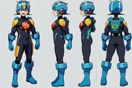 (masterpiece, official art), best quality, 1boy, solo, chara-sheet, megaman, blue footwear, blue headwear, bodysuit, boots, covered collarbone, yellow pauldron, full body, gloves, green eyes, helmet, backpack, looking at viewer, male focus, open mouth, purple bodysuit, simple background, smile, solo, standing, muscular, large pectorals, thick thighs