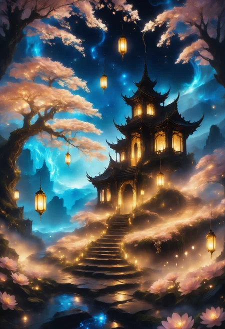 a fairytale fantasy landscape with cherry blossoms and wishlanterns in the sky by starLS <lora:stardustlandscapes-000006:1> <lora:SDXLFaeTastic2400:0.5>