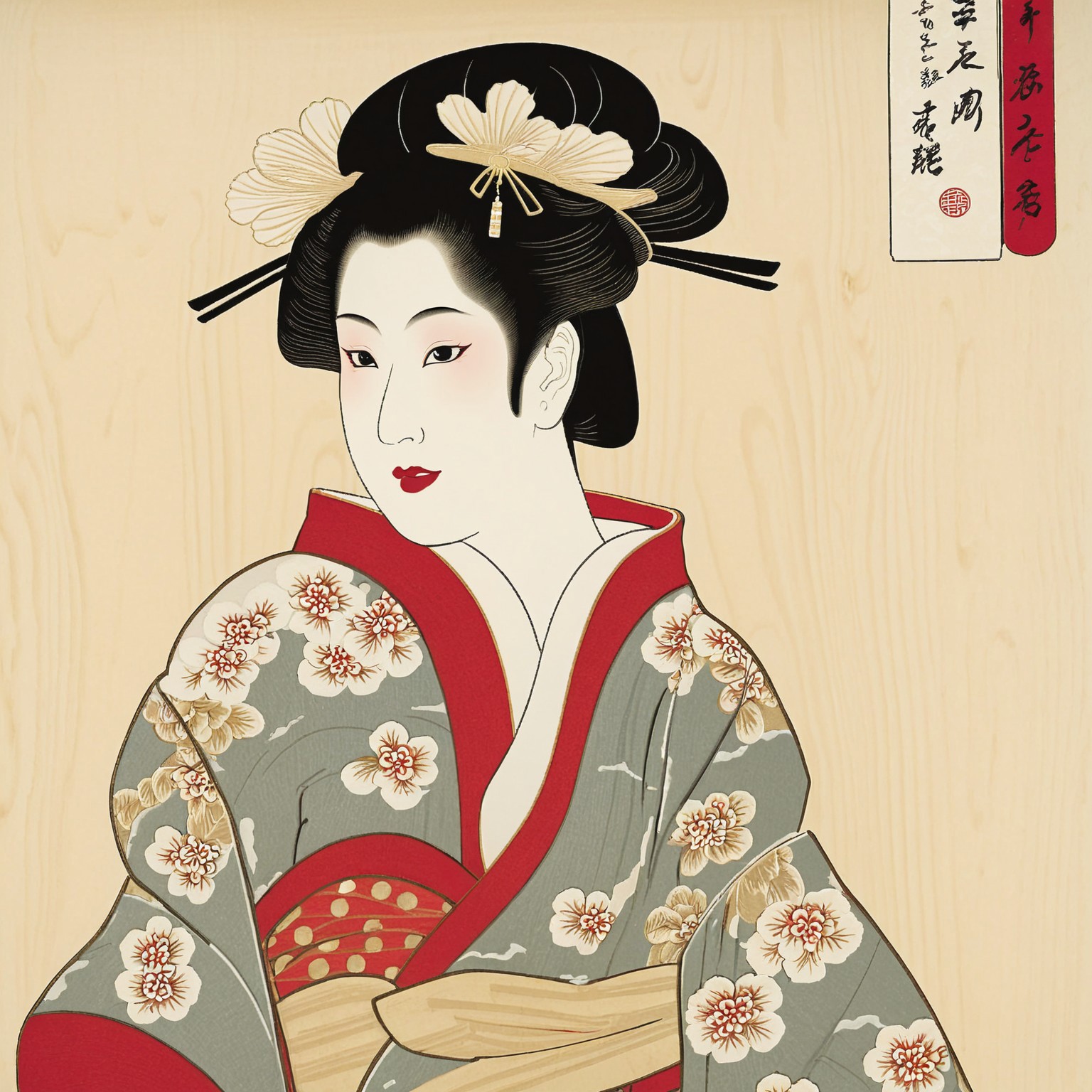 A stunning Edo-period oiran (high-ranking courtesan) walks through the famous Yoshiwara district, dressed in a lavish silk kimono layered in multiple colors, embroidered with phoenix and peony patterns. Her hair is elaborately adorned with golden hairpins, and her painted lips curve into a subtle, knowing smile. Behind her, red lanterns cast a warm glow on the wooden buildings of the pleasure district, while silhouettes of onlookers and revelers add to the lively yet mysterious atmosphere. The Ukiyo-e composition highlights the opulence, intrigue, and elegance of Edo-period courtesans.

Key elements:

Elegant oiran in a richly detailed kimono
Red lantern-lit streets of Yoshiwara, twilight sky
Golden kanzashi hairpins, graceful yet commanding presence
Edo-period Ukiyo-e style with rich, layered colors
