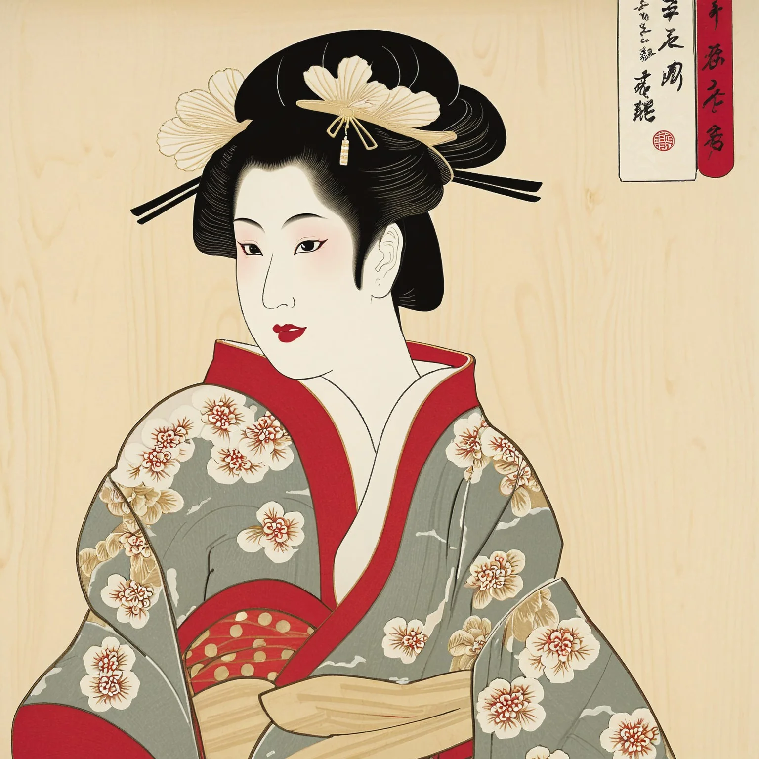 A stunning Edo-period oiran (high-ranking courtesan) walks through the famous Yoshiwara district, dressed in a lavish silk kimono layered in multiple colors, embroidered with phoenix and peony patterns. Her hair is elaborately adorned with golden hairpins, and her painted lips curve into a subtle, knowing smile. Behind her, red lanterns cast a warm glow on the wooden buildings of the pleasure district, while silhouettes of onlookers and revelers add to the lively yet mysterious atmosphere. The Ukiyo-e composition highlights the opulence, intrigue, and elegance of Edo-period courtesans.
Key elements:
Elegant oiran in a richly detailed kimono
Red lantern-lit streets of Yoshiwara, twilight sky
Golden kanzashi hairpins, graceful yet commanding presence
Edo-period Ukiyo-e style with rich, layered colors