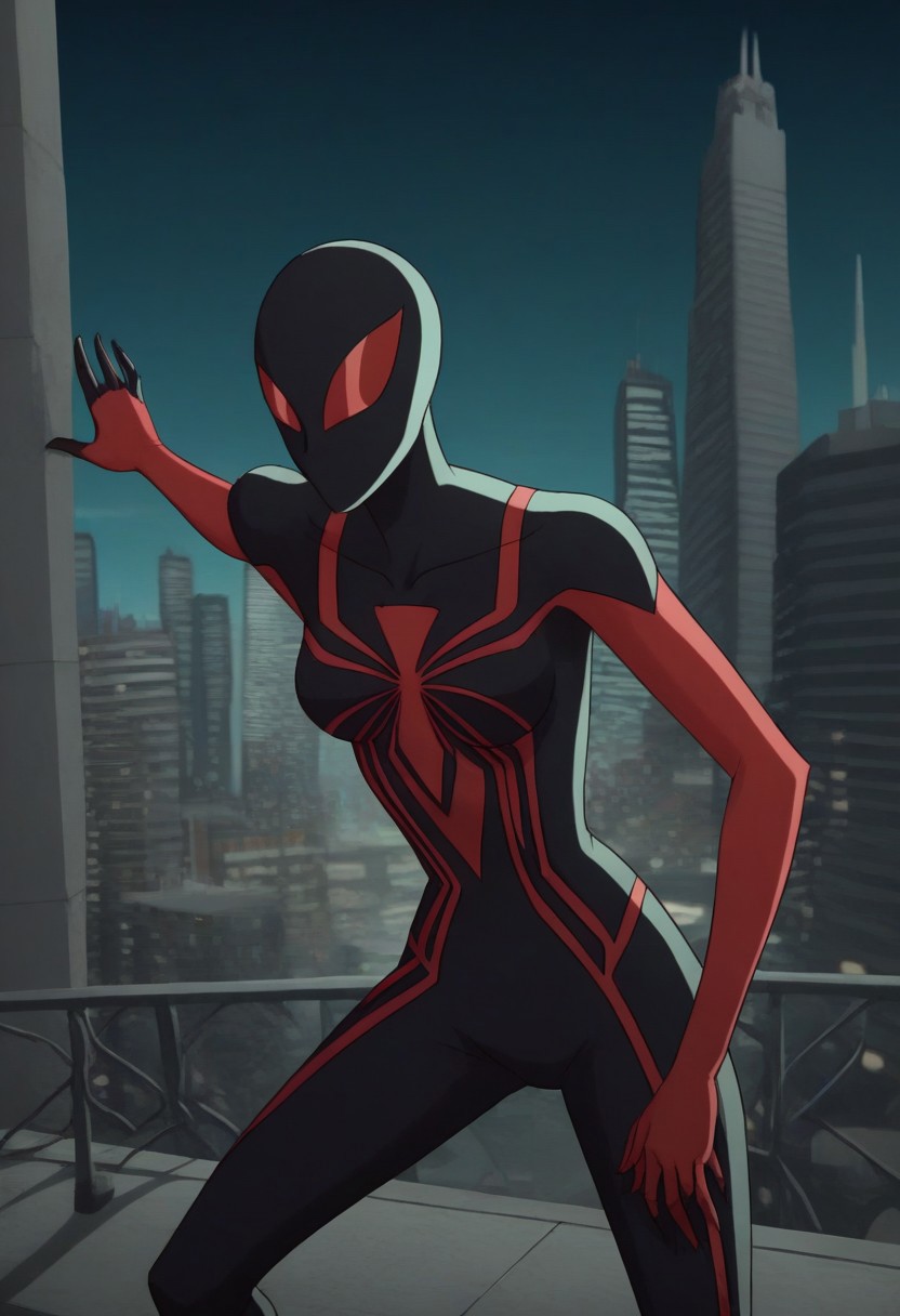 score_9, masterpiece, 2d,mjspiderwoman, bodysuit, mask, cartoon, city background