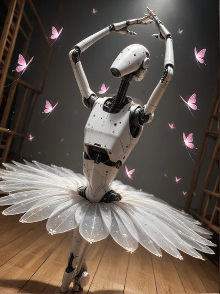 masterpiece, best quality, amazing quality, very aesthetic, perfect eyes,hiper realistic,
,solo, indoors, arms_up, no_humans, bug, robot, butterfly, wooden_floor, joints, dancing, spotlight, humanoid_robot, ballerina, ballet_slippers, ballet, tutu,A photo of a robot with a metallic body and wings, standing on a wooden floor with a glowing pink light emanating from it. The robot is holding a light source in its right arm, and there are several small, glowing butterflies around it, creating a magical atmosphere. The background is dark and dimly lit, with a spotlight illuminating the robot and the glowing light. The style is realistic with a sci-fi aesthetic.