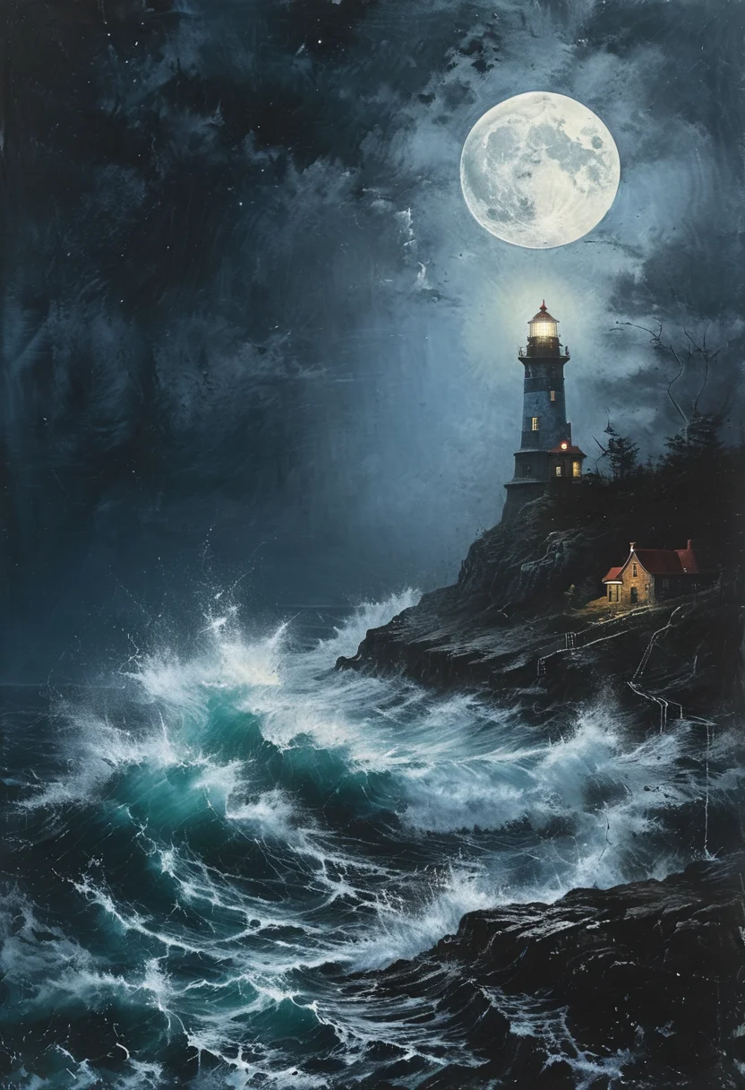 masterpiece, A painting of a lighthouse on a cliff with a full moon in the sky, turbulent waves, dark fantasy art, highly detailed <lora:Desolation:0.8>