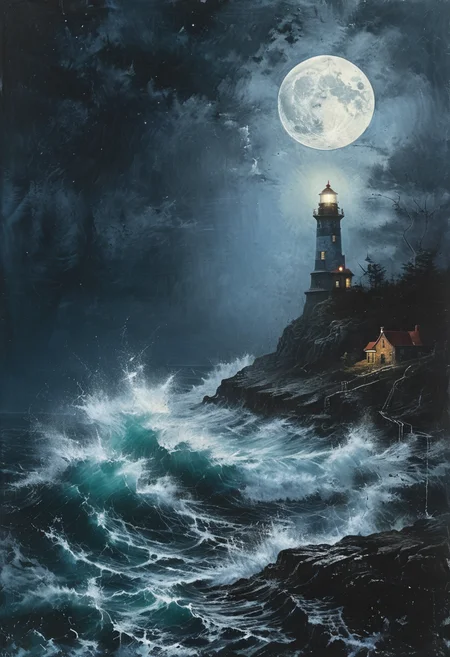 masterpiece, A painting of a lighthouse on a cliff with a full moon in the sky, turbulent waves, dark fantasy art, highly detailed <lora:Desolation:0.8>