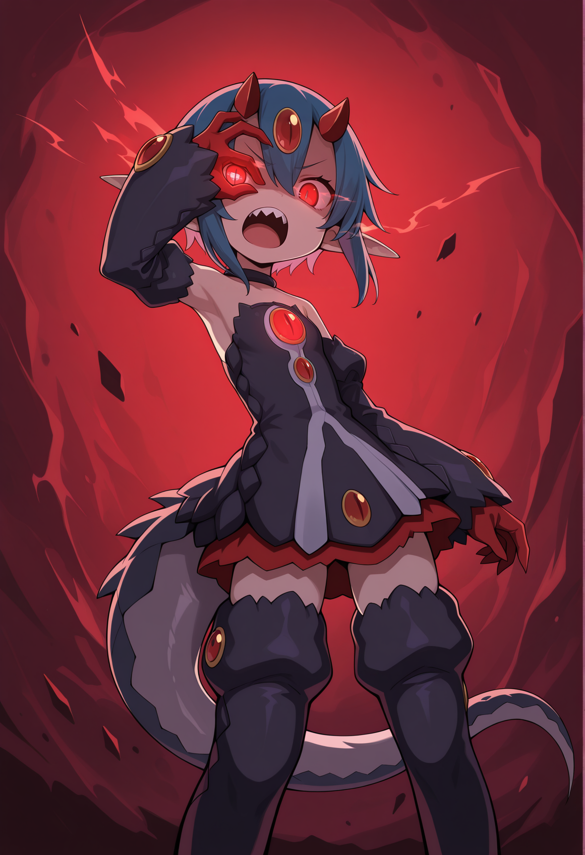 1girl, solo, monster girl, short hair, blue hair, red eyes, horns, forehead jewel, slit pupils, pointy ears, short dress, detached sleeves, claws, thigh boots, angry, roaring, open mouth, sharp teeth, looking at viewer, covering one eye, glowing eyes, flaming eyes, dragon tail<lora:desco_disgaea:0.8> <lora:akihito2rep:1>, masterpiece, best quality, amazing quality, very aesthetic, absurdres, highres, newest