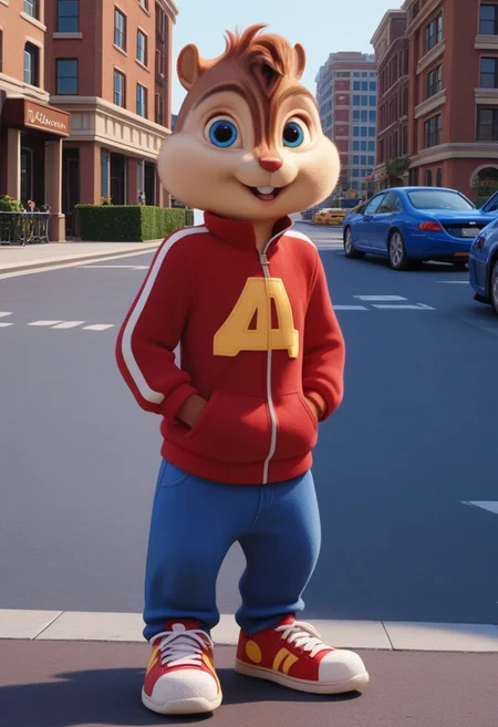 Score_9, score_8_up, score_7_up, source_furry, Alvin Seville, chipmunk, chipmunk male, furry male, furry, 3d, render, movie screencap, blue eyes, red track suit, blue jeans, sneakers, tail, hands in pockets, New York, City, buildings, streets, sidewalk, standing , looking at viewer, <lora:Alvin _Seville __Alvin_and_the_Chipmunks__CG_Movie_version:0.8>