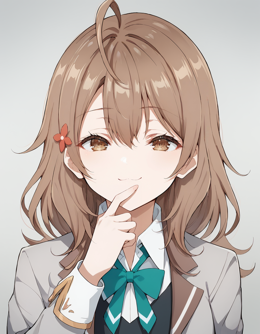 score_9, score_8_up, score_7_up, source_anime,
1girl, solo, looking at viewer, upper body, simple background, blurry background, portrait, front view,
hand to mouth, smug,
<lora:maria_anime-soralz:1>, maria, medium hair, brown hair, ahoge, hair between eyes, hair ornament, brown eyes,
school uniform, grey jacket, open jacket, long sleeves, green bow, white shirt, collared shirt, black vest