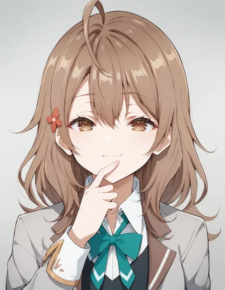 score_9, score_8_up, score_7_up, source_anime,
1girl, solo, looking at viewer, upper body, simple background, blurry background, portrait, front view,
hand to mouth, smug,
<lora:maria_anime-soralz:1>, maria, medium hair, brown hair, ahoge, hair between eyes, hair ornament, brown eyes,
school uniform, grey jacket, open jacket, long sleeves, green bow, white shirt, collared shirt, black vest