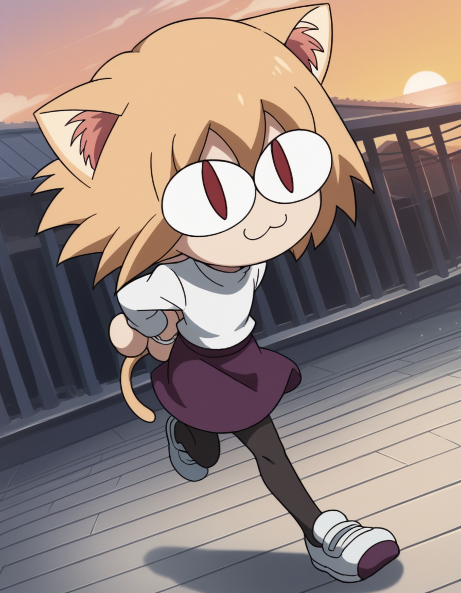 score_9, score_8_up, score_7_up, source_anime, <lora:carnivalphantasm-neco-arc-ova-ponyxl-lora-nochekaiser:1>, neco arc, short hair, blonde hair, red eyes, animal ears, tail, cat ears, chibi, cat tail, slit pupils,, skirt, pantyhose, sweater, purple skirt,, suburban neighborhood, morning jog, earphones, running shoes, fresh air, sunrise, smile, , hands behind back, bent over,, solo,, dutch angle, cowboy shot