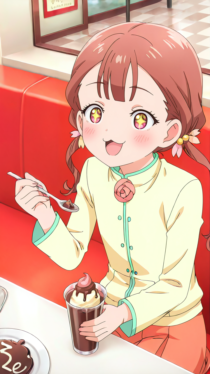 1girl,full_shot,solo,anime screenshot,Kamoto_Suzu,skirt,from_above,<lora:Kamoto_Suzu_Illustrious_v3:1>,open mouth,yellow jacket,corsage,skirt,restaurant,sitting,:3,ice_cream,+_+,holding_spoon,table,spoon,drink,chocolate,, masterpiece, best quality