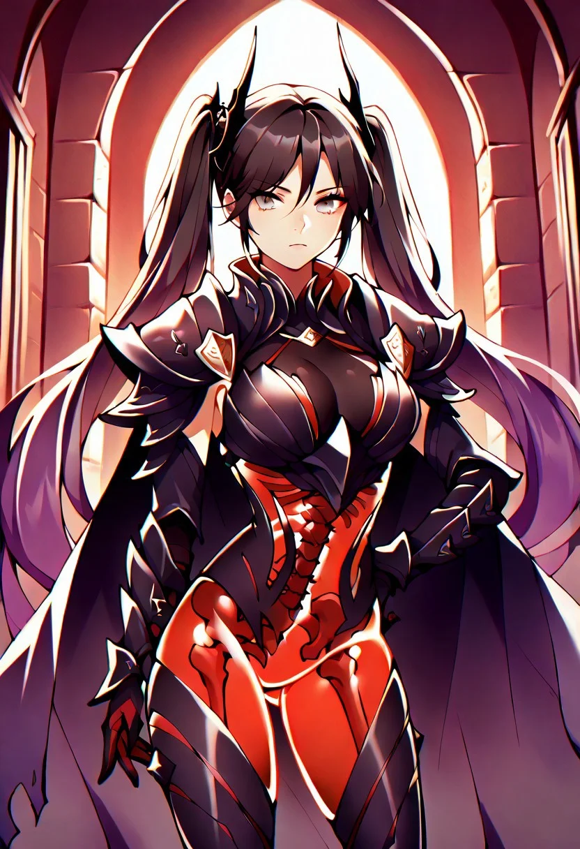 masterpiece, best quality, 1girl, solo, horns, red body, see-through body, skeleton, zzMona, grey eyes, hair between eyes, black hair, hair ornament, long hair, purple hair, twintails, very long hair, armor, breastplate, shoulder armor, gauntlets, thigh boots, high heels, cape, looking at viewer, hand on hip, cowboy shot, indoors, castle, stone walls