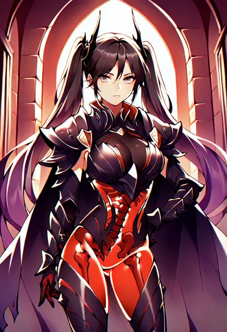 masterpiece, best quality, 1girl, solo, horns, red body, see-through body, skeleton, zzMona, grey eyes, hair between eyes, black hair, hair ornament, long hair, purple hair, twintails, very long hair, armor, breastplate, shoulder armor, gauntlets, thigh boots, high heels, cape, looking at viewer, hand on hip, cowboy shot, indoors, castle, stone walls
