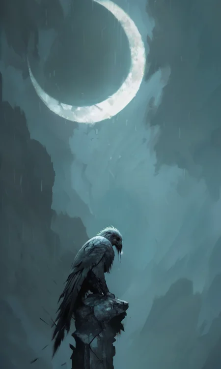 A digital painting of a lone eagle perched on a rock gazing at a glowing crescent moon against a dark misty sky. The scene exudes a mystical ethereal atmosphere with soft diffused lighting..<lora:- NAI - PdJ_highres_counterweight_V.2.0-step00021000:0.5> <lora:- NAI - ac_illustration_V1.0-step00011000:.8>