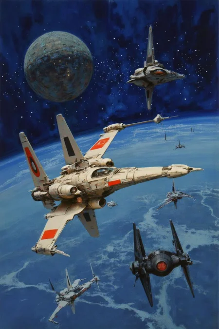 jober1 illustration.
Star Wars X-Wing fighters and Tie-Fighters dog fighting around the Death Star. <lora:jober1_cap_d6a3e12:1.0><lora:819135501551356949:0>