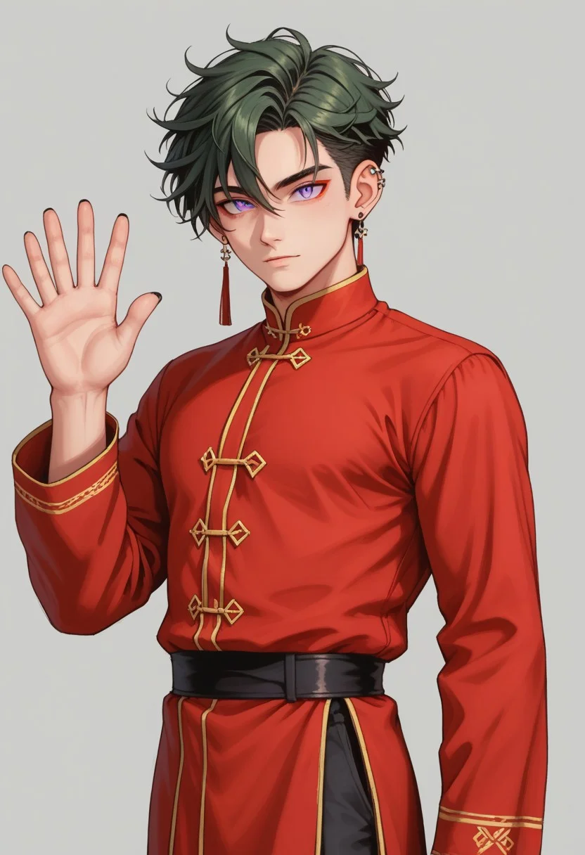 score_9, score_8_up, score_7_up, rating safe, 8k portrait, 1 boy,solo, full body, cowboy_shot, male focus, AntherimA, purple circular eyes, slit pupils, dark green hair, hair between eyes, asymmetrical hair parting, light_red_eyeshadow, ((1_earstud_left_side)), 20 years old, stoic pose, chinese_royal, chinese_clothing, waving, long large sleeves, red clothing, black_waistband, long flowing fabrics,layered clothing , black nail varnish, highly detailed, professional photography, masterpiece, (finely detailed beautiful eyes: 1.2), hdr, black_background