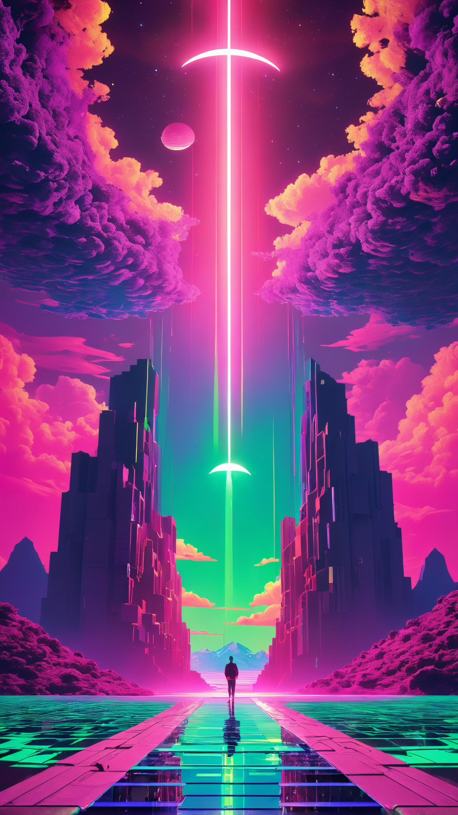 Super high definition, reflective pools, HDR, (Dark vaporwave color palette), eclipse, glowing archway, huge twisting vines, aerial view of rolling hills in bizarre alien landscape, Fibonacci, Enki, annunaki, monolith, megaliths with eyes, ufo, dna, cosmic serpent, vaporwave tiled (liminal space), iris, pixel art, vaporwave aesthetic, purple and green neon lights, bright splashes of alcohol ink puddles, volumetric light, auras, rays of sunlight, bright colors reflect, isometric, digital art, 3d render, chromatic aberration, octane render, volumetrics, by greg rutkowski, (glitched effect), by Frederik Vermehren, (bleached, dark palette, highly professional, dramatic lighting, extremely beautiful:1.4), (intricate details, masterpiece, best quality:1.4), Psychedelic style, Vibrant colors, swirling patterns, abstract forms, surreal, trippy,  looking at viewer, dynamic pose in the style of Nicola Samori