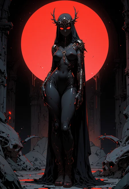 thick lineart, sharp edges, cel shading, linear hatching, black and white comic-noir aesthetics, film noir atmosphere, high contrast, duotone, dark-skinned female nun, character design, sci-fi warrior women, feminine power, perfect anatomy, An enigmatic figure of a satanic, her dark habit_catsuit covers all her skin, conducting a sensual satanic ritual inside a dark cathedral during night under a red eclipse. Her eyeless mask, elaborate crown, fully conceals her identity, adding to her mystique and allure. gold stiletto platform thigh boots, naughty, looking at viewer, seducing with her body, dancing towards viewer with her arms posing, sexy ass seductive in the style of a vintage, high-contrast setting. Emphasize theatrical elements with extreme opposition of bright colors against dark, moody backgrounds, under a dark red sky, thighs, highly detailed, female focus, robot, cyborg , android, mechanical arms, cyborg, robot joints, mechanical parts, tube, spine, cybernetic neck, bionic torso, bionic skin.
Niji Stan Katayama style.
