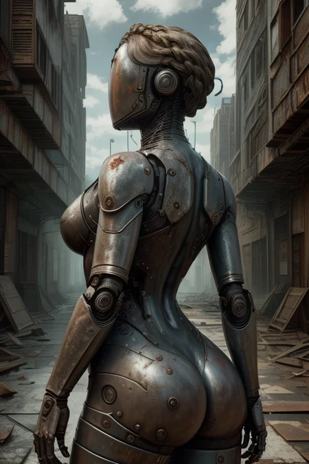 masterpiece,best quality,absurdres,high details,8K,photorealistic,<lora:OxideTech:0.7>,oxidetech,rusty steel,<lora:Concept_-_Hella-sthetic_v2:0.7>,post-apocalypse,ruins,abandoned city background,<lora:Bliznyashki:1>,robot,braided hair,jacket,(metal skin:1.3),