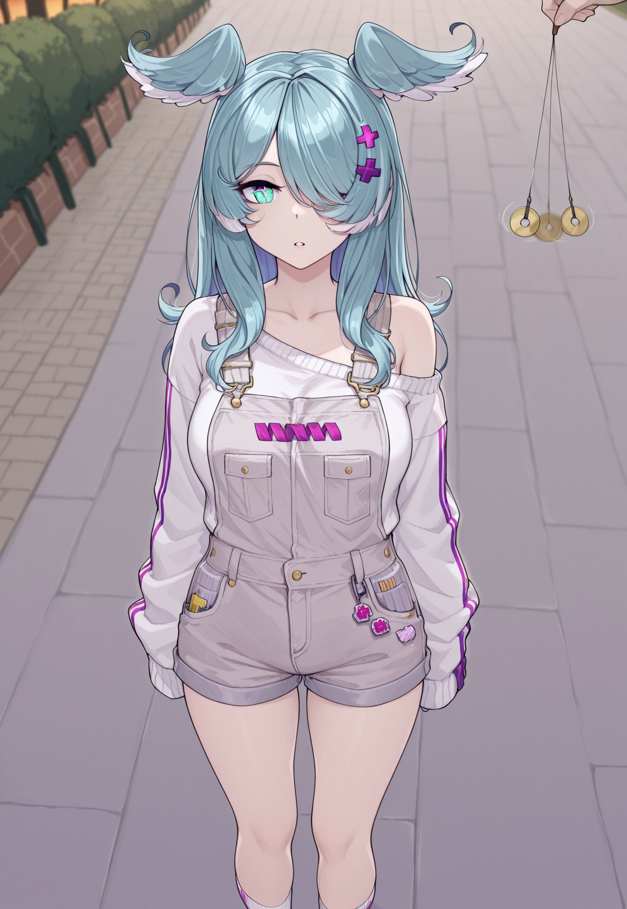 masterpiece, best quality, stmasterstyle, (((1girl))), solo,

((niji-pendora,large breasts,heterochromia,green eye,symbol pupils,@_@, glowing eyes,blue-green hair,streaked hair,head wings,long hair,hair ornament,x hair ornament,hair over one eye,covered one eye, niji-pendoracos1,grey overalls,short overalls,white sweater,long sleeves,sleeves past fingers,sleeves past wrists,single off shoulder,white socks,short socks,))

(hypnosis, pendulum, looking at pendulum, infront of head, looking at viewer), face focus, aroused, parted lips,

outdoors, park cafe background, evening time,
