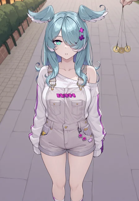 masterpiece, best quality, stmasterstyle, (((1girl))), solo,
((niji-pendora,large breasts,heterochromia,green eye,symbol pupils,@_@, glowing eyes,blue-green hair,streaked hair,head wings,long hair,hair ornament,x hair ornament,hair over one eye,covered one eye, niji-pendoracos1,grey overalls,short overalls,white sweater,long sleeves,sleeves past fingers,sleeves past wrists,single off shoulder,white socks,short socks,))
(hypnosis, pendulum, looking at pendulum, infront of head, looking at viewer), face focus, aroused, parted lips,
outdoors, park cafe background, evening time,