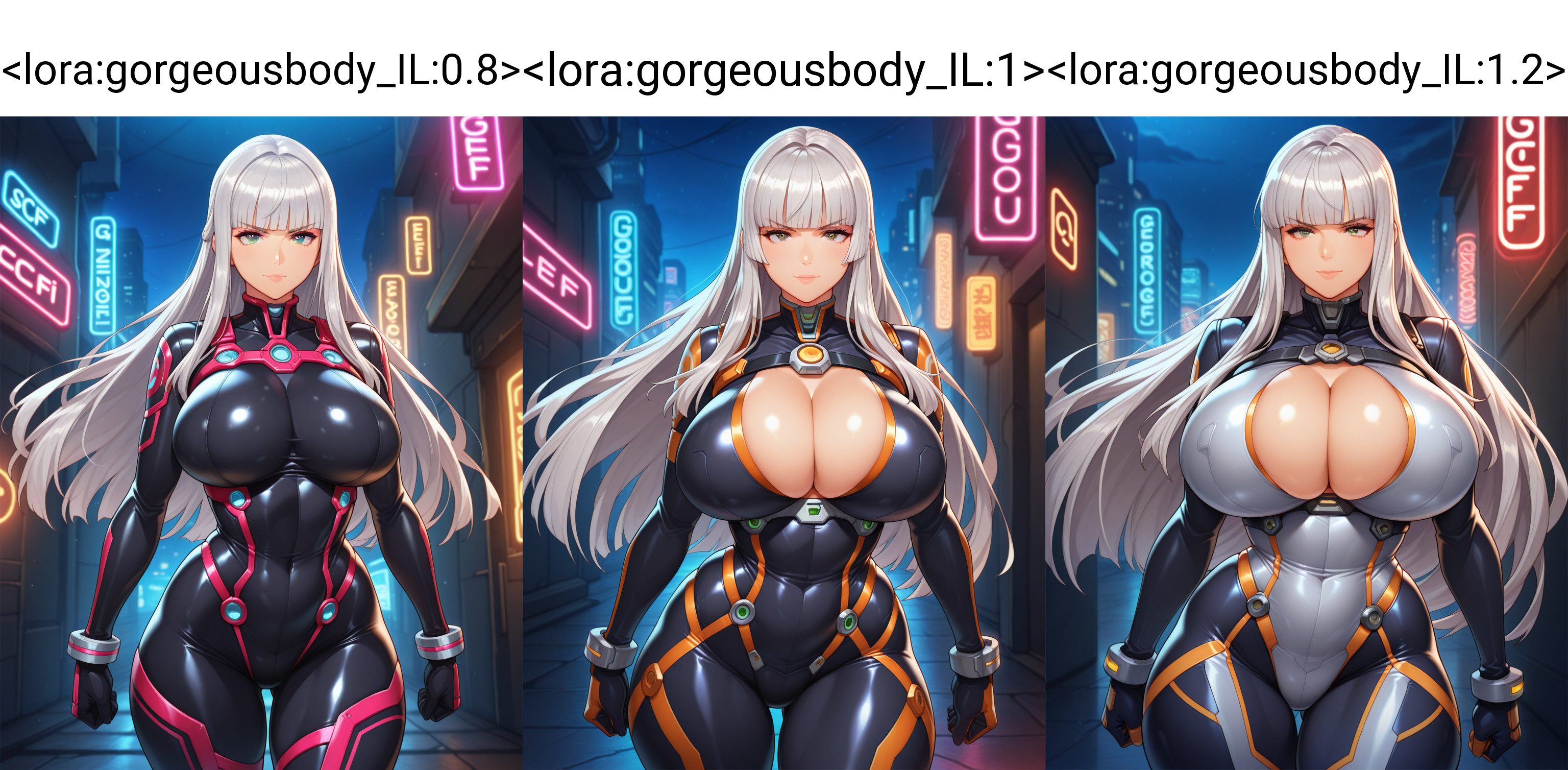 masterpiece,best quality,highres illustration,detailed face,1girl,cowboy shot,sci-fi,<lora:gorgeousbody_IL:0.8>,gorgeous body,smile,bodysuit,long hair,silver hair,blunt bangs,neon lights,night,serious,