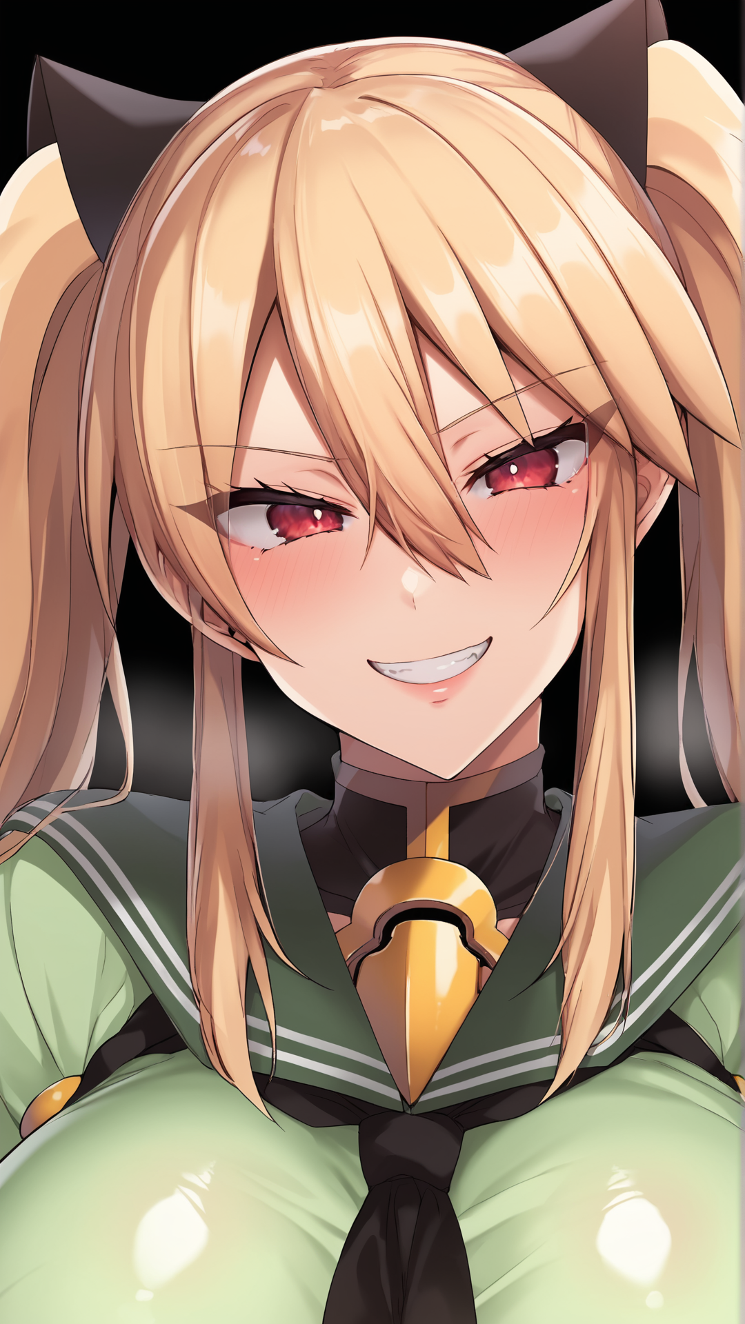 score_9, score_8_up, score_7_up, BREAK (source_anime:1.2), best quality, masterpiece, ultra detailed,unreal engine 5,8k,studio lighting,ultra realistic background,upper body, 
 1girl,solo,evil smile , oiled_skin, BREAK,
shiny clothes,green serafuku,  
 <lora:JKmiya_xl:1> jkmiya, long hair, huge breasts, hair between eyes, twintails,blonde hair,red eyes,
standing,