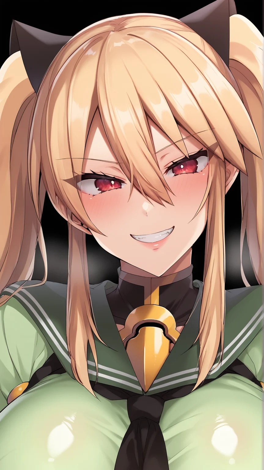 score_9, score_8_up, score_7_up, BREAK (source_anime:1.2), best quality, masterpiece, ultra detailed,unreal engine 5,8k,studio lighting,ultra realistic background,upper body,
1girl,solo,evil smile , oiled_skin, BREAK,
shiny clothes,green serafuku,
<lora:JKmiya_xl:1> jkmiya, long hair, huge breasts, hair between eyes, twintails,blonde hair,red eyes,
standing,