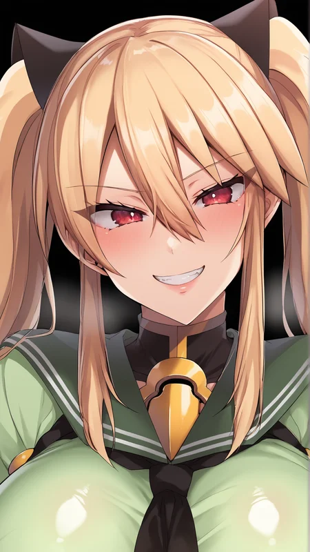 score_9, score_8_up, score_7_up, BREAK (source_anime:1.2), best quality, masterpiece, ultra detailed,unreal engine 5,8k,studio lighting,ultra realistic background,upper body,
1girl,solo,evil smile , oiled_skin, BREAK,
shiny clothes,green serafuku,
<lora:JKmiya_xl:1> jkmiya, long hair, huge breasts, hair between eyes, twintails,blonde hair,red eyes,
standing,