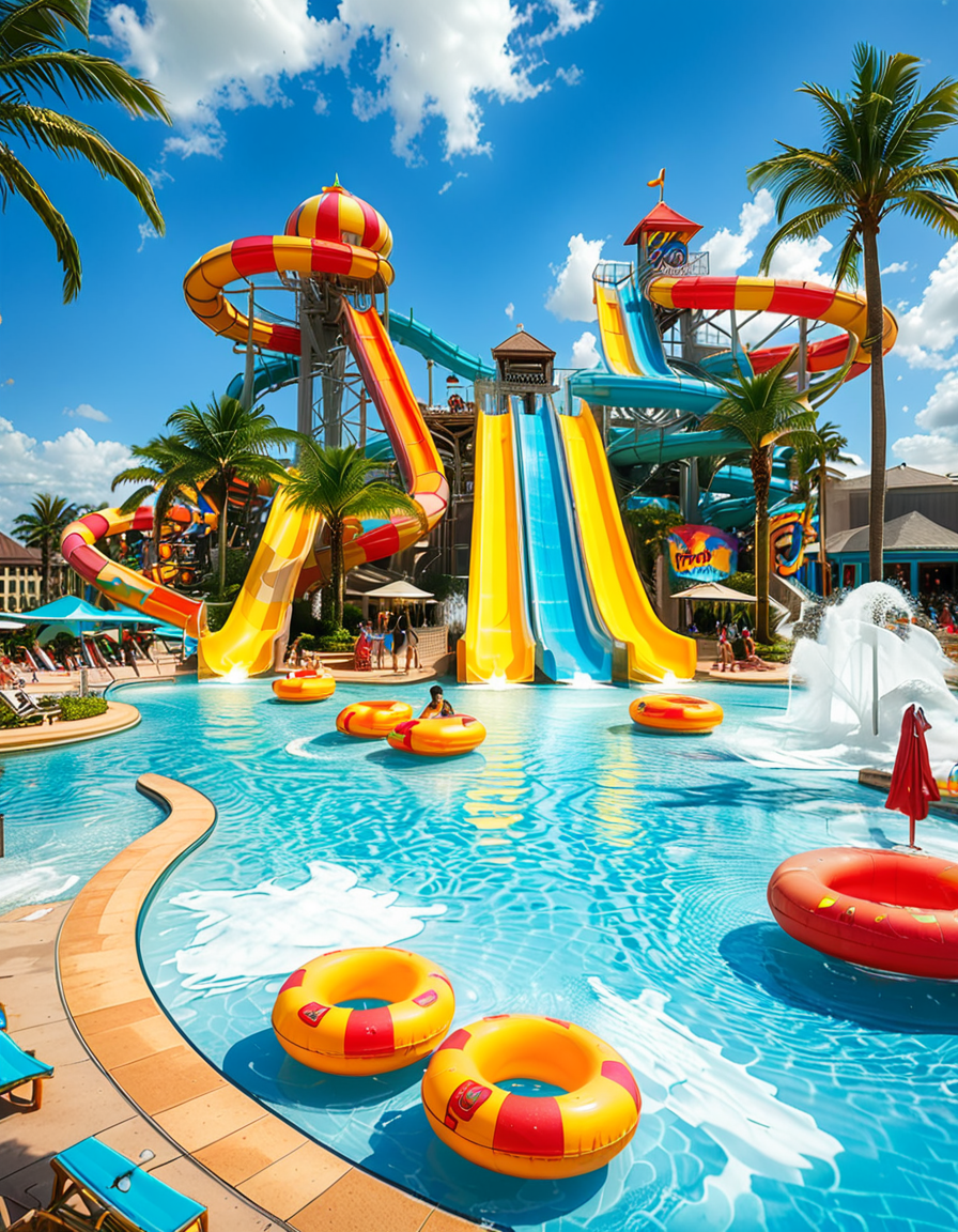 A vibrant and exciting water park on a sunny summer day, filled with families and friends enjoying the attractions. In the foreground, a massive twisting water slide with bright colors (blue, yellow, and red) spirals down into a large, crystal-clear pool. People are mid-air, splashing into the water with big smiles and excitement on their faces. To the left, a lazy river with inflatable tubes gently floats visitors under small waterfalls and palm trees. In the center, a giant wave pool creates artificial waves, with children and adults riding them on inflatable boards. A tall, multi-story play structure with water cannons, tipping buckets, and small slides is surrounded by kids laughing and playing. The background features lounge chairs with sunbathers, colorful umbrellas, and a snack bar selling ice cream and drinks. The sky is bright blue with fluffy white clouds, and the sunlight reflects off the wet surfaces, enhancing the cheerful summer atmosphere. The overall mood is fun, energetic, and full of joy.
<lora:SDXLFaeTastic2400:0.4> <lora:extremely_detailed:0.4> extremely detailed, <lora:water_p4rk:1>,water p4rk, Masterpiece,best quality,hi res,8k,hi res,8k,award winning,(sharp focus, intricate, highly detailed),