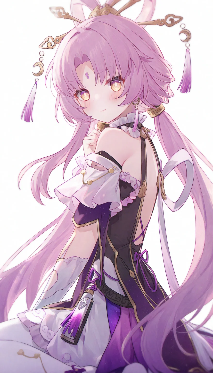 1girl, fu xuan \(honkai: star rail\),
solo, from side, white pantyhose, tassel, closed mouth, bare shoulders, parted bangs, blush, looking at viewer, hand up, pink hair, back cutout, jewelry, detached sleeves, hair ornament, wariza, very awa-less dress, clothing cutout, frilled sleeves, sitting, bow, sidelocks, bright pupils, ribbon-trimmed sleeves, necklace, smile, dress, tassel hair ornament, white background, yellow eyes, frills, facial mark, simple background, white pupils, ribbon trim, backlighting, pantyhose, twintails, backless outfit, long hair, forehead mark, low twintails,
masterpiece, best quality, newest, absurdres, highres
<lora:sei3_noob1.1-000200:0.9>