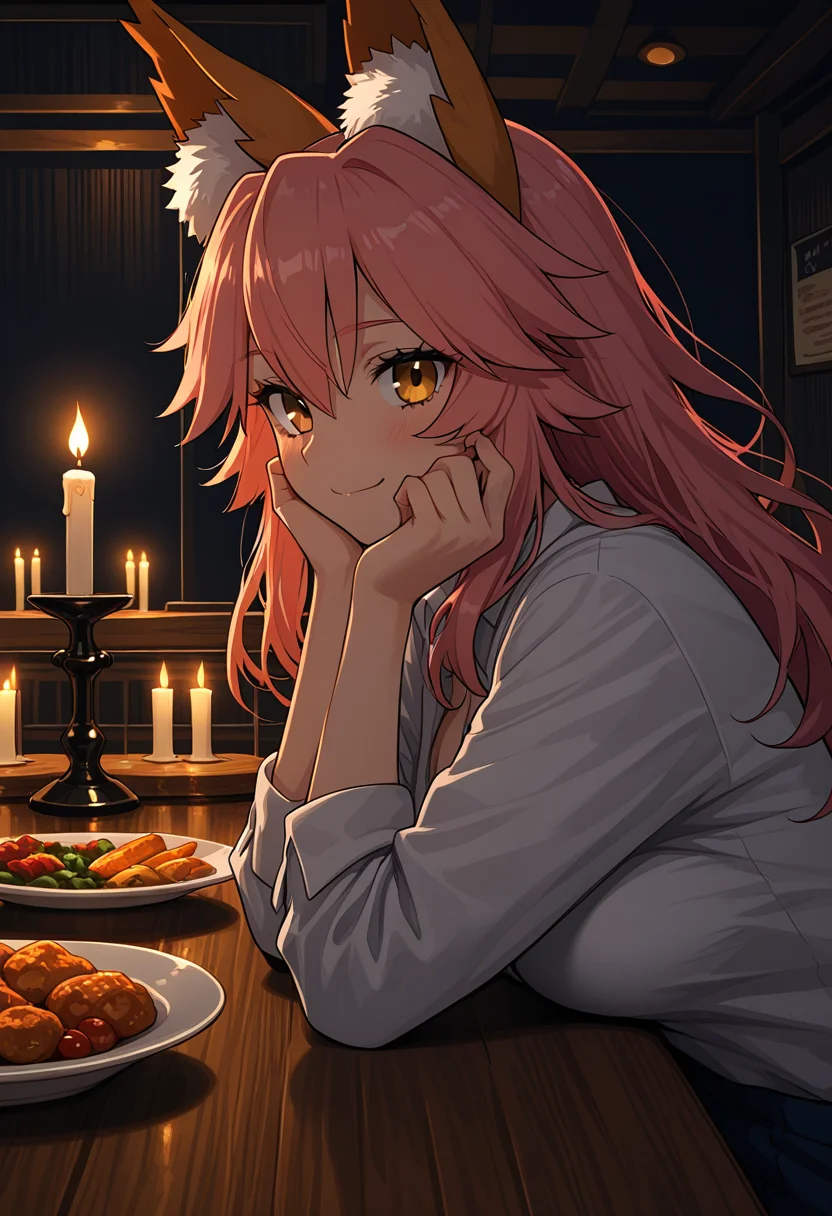 <lora:contract_controller_illus01_v1:0.3>1girl,tamamo \(fate\),from side,wooden table,masterpiece,hand on own cheek,looking at viewer,food on table,candle,dark,restaurant,