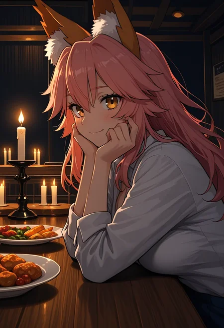 <lora:contract_controller_illus01_v1:0.3>1girl,tamamo \(fate\),from side,wooden table,masterpiece,hand on own cheek,looking at viewer,food on table,candle,dark,restaurant,