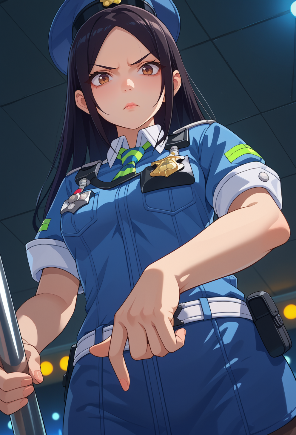 score_9, score_7_up, source_anime, BREAK <lora:AESita:0.7> AESita, brown eyes, black hair, long hair, parted bangs, policewoman, police hat, stripper pole, pantyshot, from below, pov, annoyed, (trample:1.4),