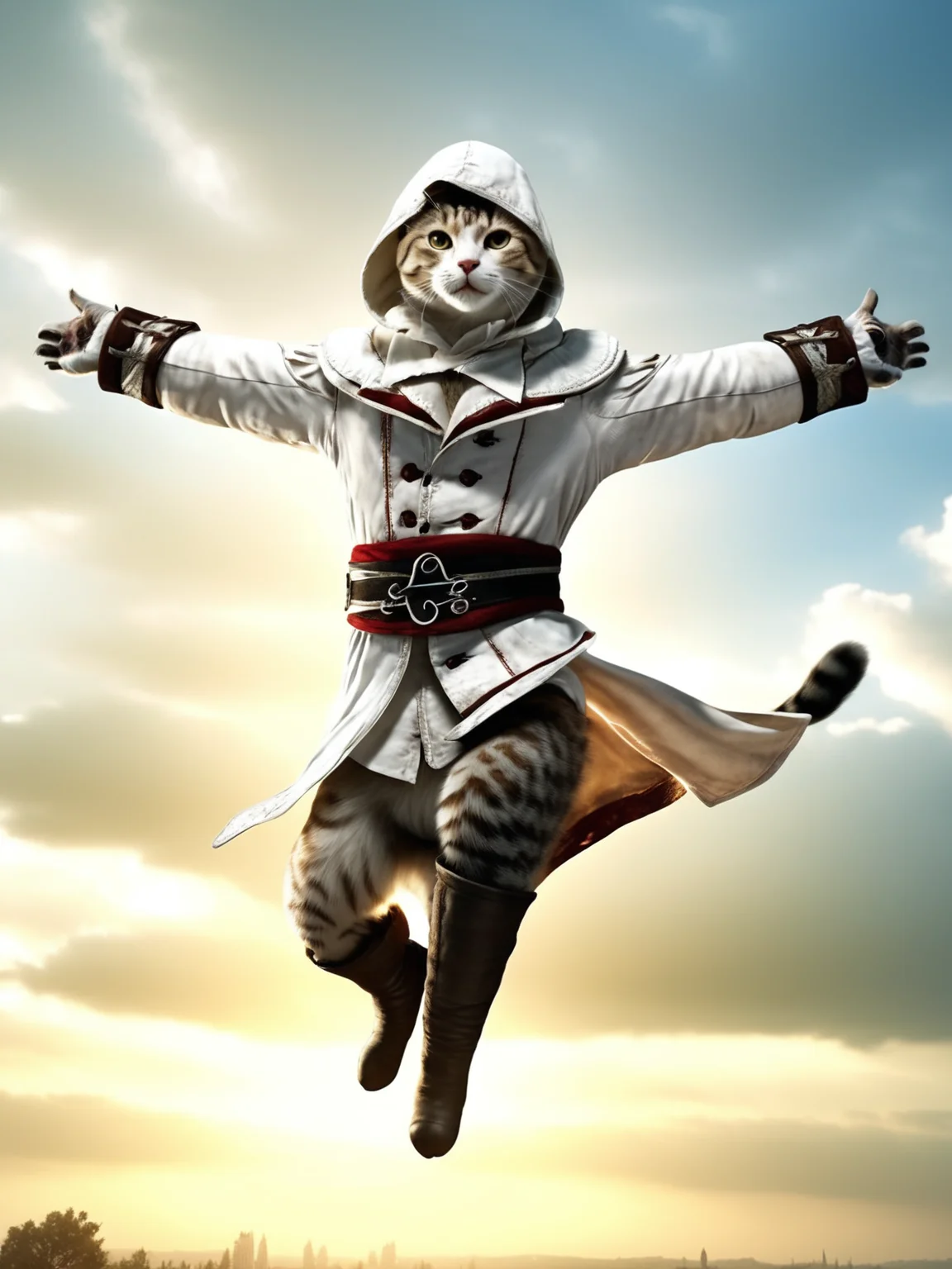 best quality, masterpiece, raw photo, 8k uhd,soft lighting,film grain, detail skin, a cat wear a white custome, (with a hood in head:1.2), is flying through the air with his arms outstretched and hands out in the air, focus face, the background is sky,<lora:doumao-000020:0.9>