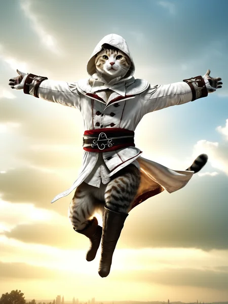 best quality, masterpiece, raw photo, 8k uhd,soft lighting,film grain, detail skin, a cat wear a white custome, (with a hood in head:1.2), is flying through the air with his arms outstretched and hands out in the air, focus face, the background is sky,<lora:doumao-000020:0.9>